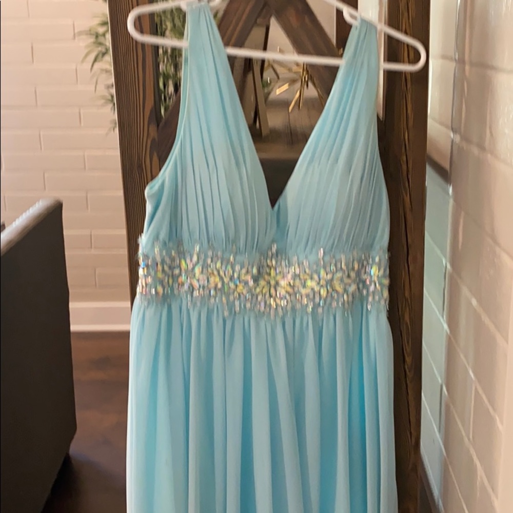 Floor length Aqua Color with Gems Plunging V Neck